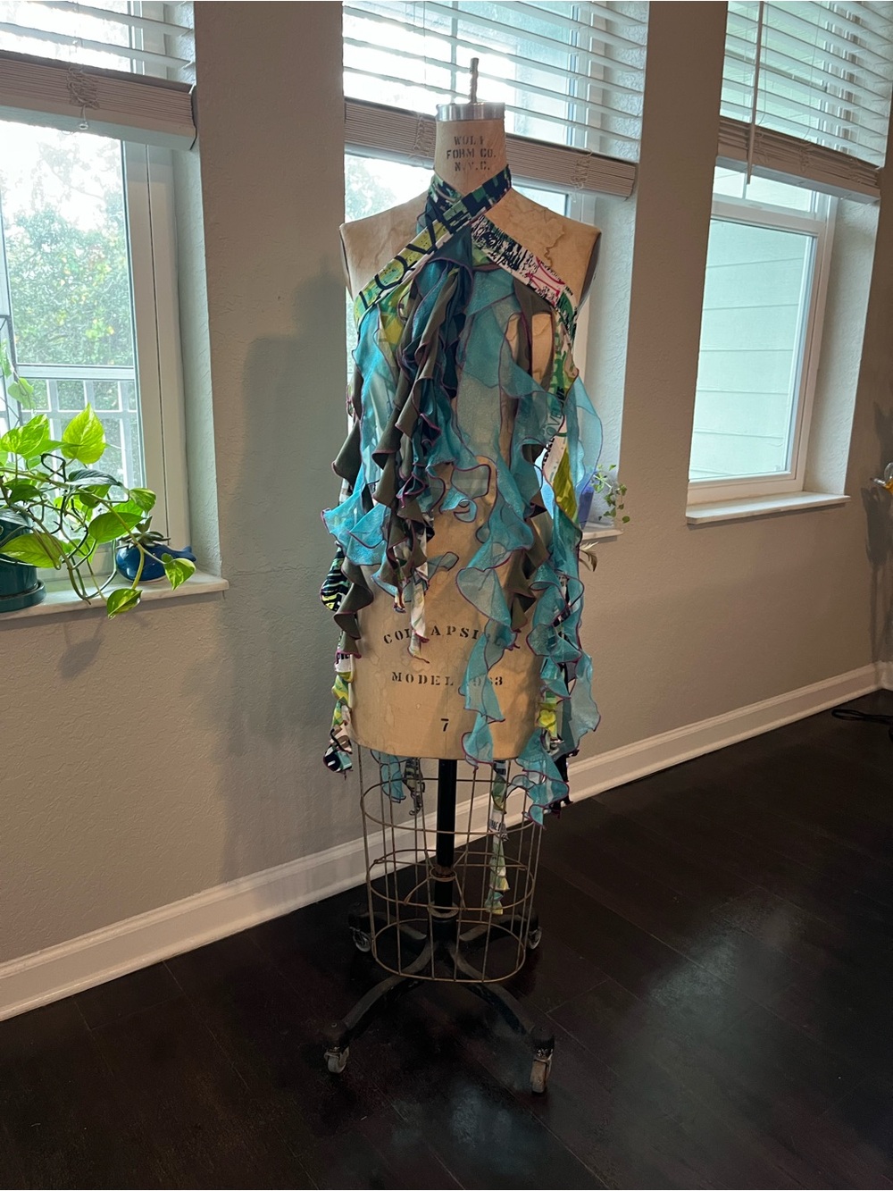 Handmade Ruffled Fabric scarf/top/vest in multicolored fabric ooak one size
